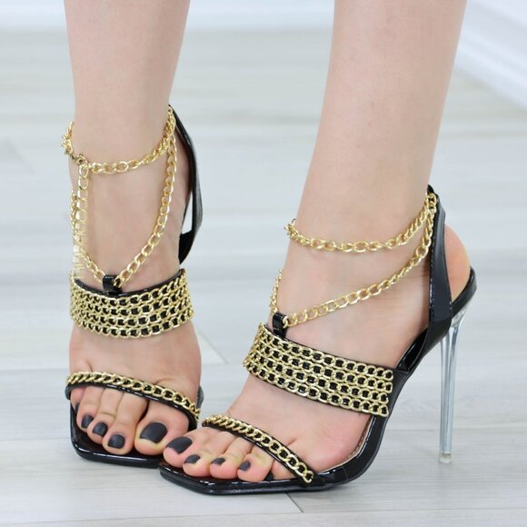 Open Toe High Heel Sandals Gold Chain Ankle Strap Patent Leather Stilettos - Picture 4 of 13